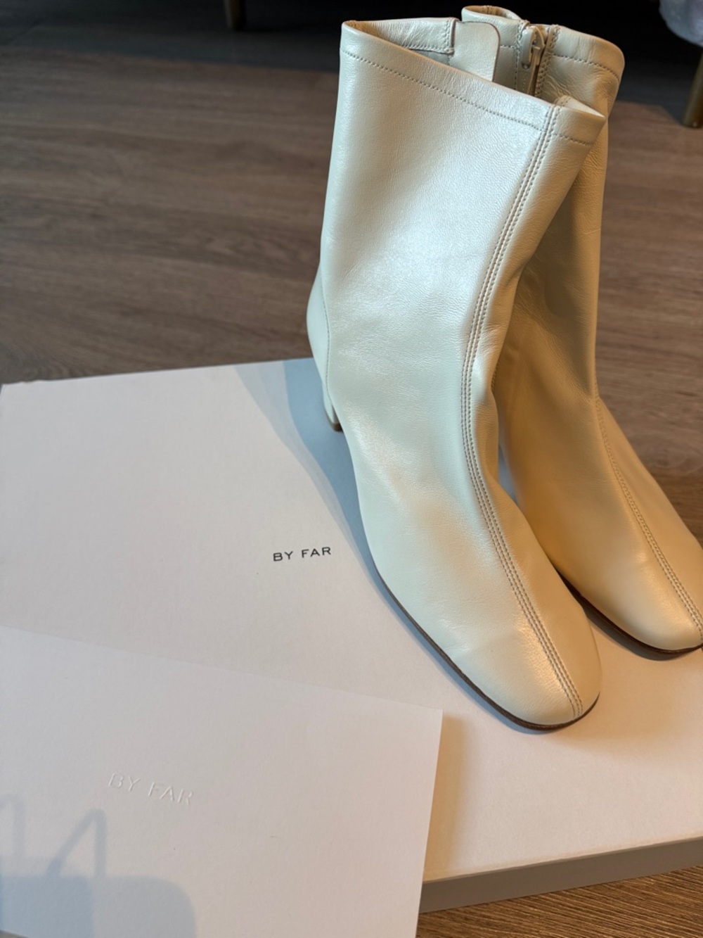 BY FAR Sophia Ivory Leather Square-Toe Ankle Boots